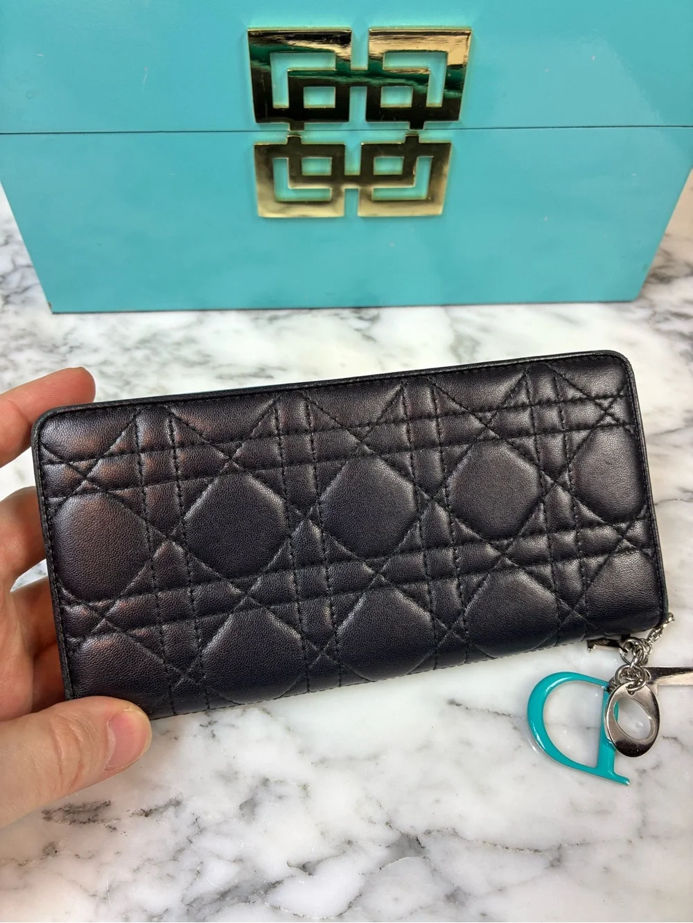 Christian Dior Black Leather Cannage Snap Wallet Teal Interior - Fair Condition